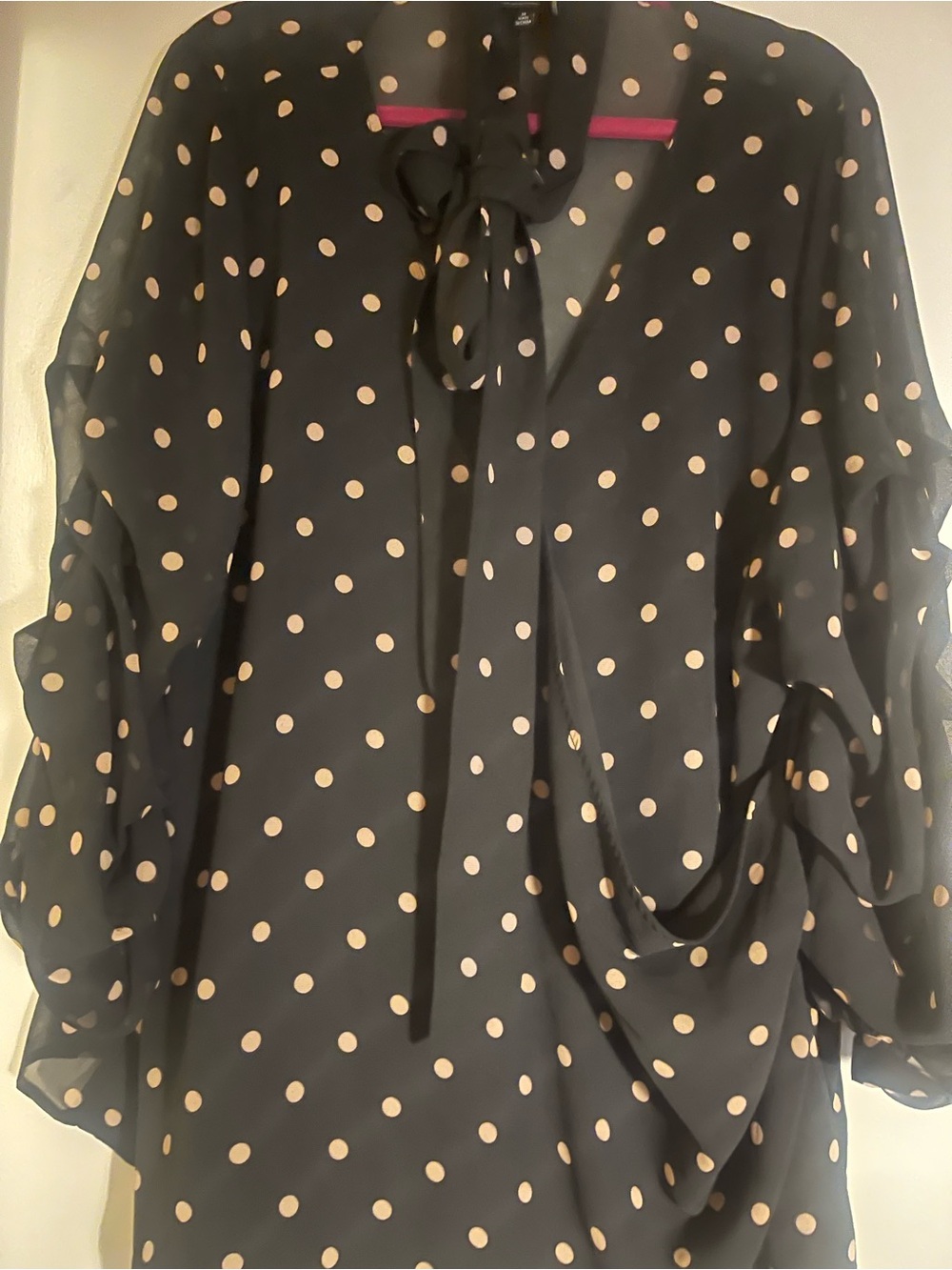 Eloquii Black Blouse with Cream Polka Dots and Tie Neck
